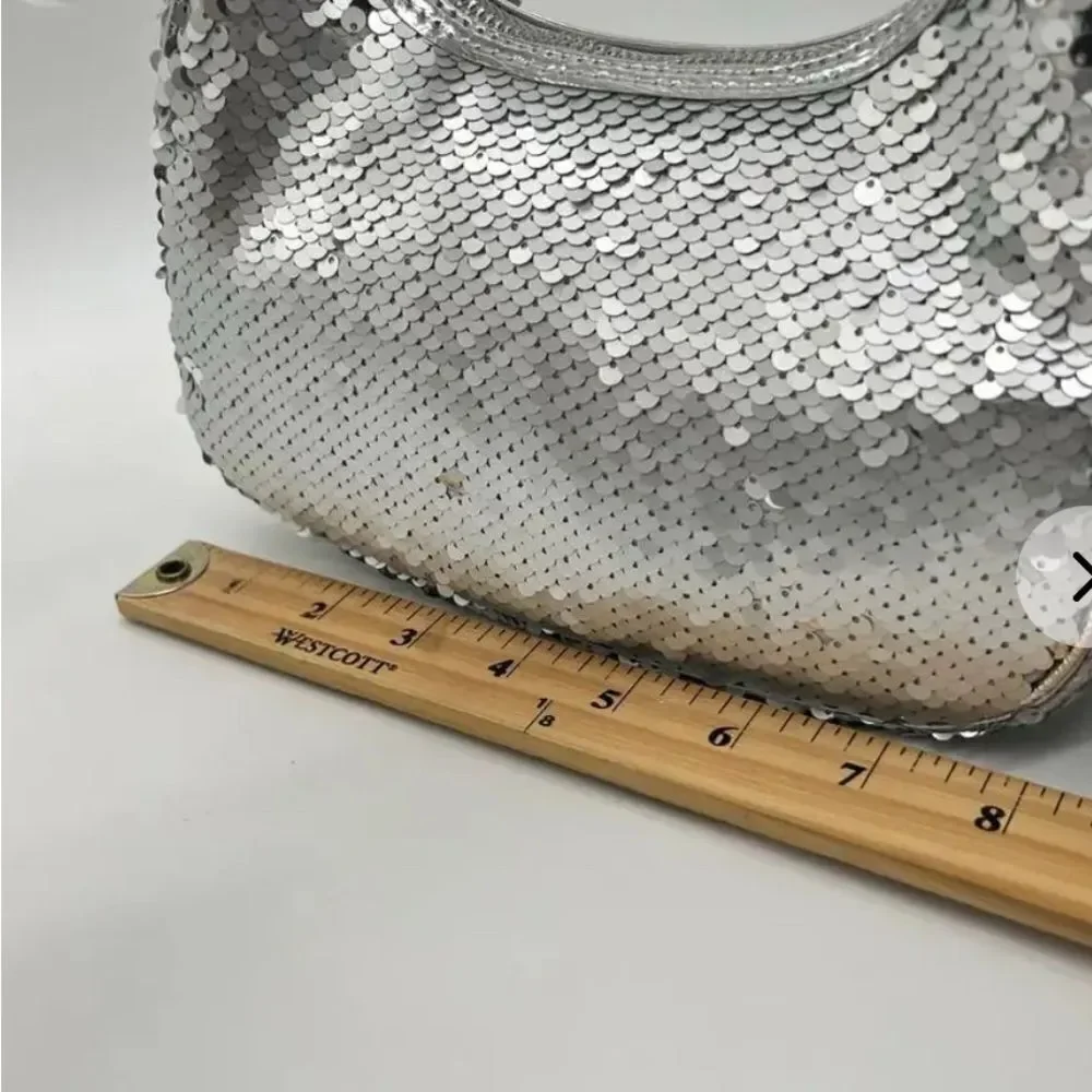 NWT Nicole Miller Silver Sequin Vegan Leather Small HOBO Shoulder Purse Handbag